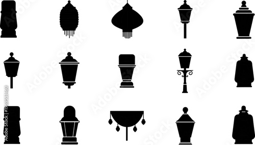 Vintage street lamp silhouette set, classic lantern collection, outdoor lighting elements, decorative lamp post illustration isolated black design