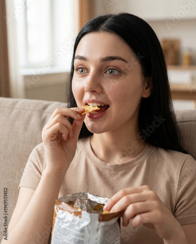 Young East Asian Woman Enjoying Snack on Couch, Candid Indoor Lifestyle Portrait
