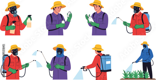 Farmers spraying pesticides with protective gear agriculture workers using sprayer equipment pest control vector illustration set