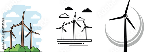 Colorful and Line Art Illustrations of Wind Turbines for Renewable Energy and Environmental Concepts