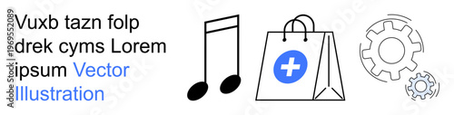 Music, healthcare, automation, e-commerce, engineering, digital platforms. Musical notes, shopping bag with a medical cross gear icons. Music and healthcare artistic expression and medical services