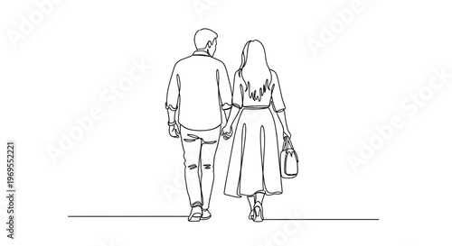 Continuous line drawing, couple walking, hand in hand, minimalist illustration, love and relationship concept