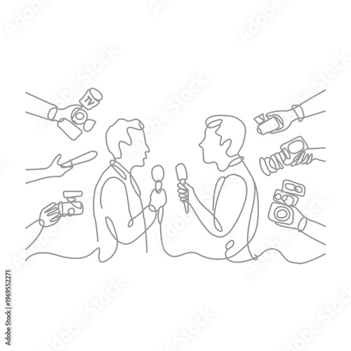 Single one line drawing interview. Man with microphones. Popular person, presenter, celebrity, political gives comment for breaking news, reportage, tv. News anchor concept. 