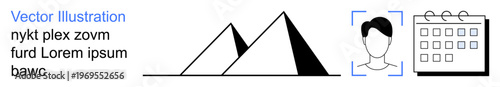 Digital tools, scheduling, facial identification, architecture, recognition, organization. Pyramids, face outline and calendar. Facial recognition and scheduling in modern technology concepts