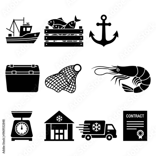 Commercial Fishing and Seafood Supply Chain Icon Set