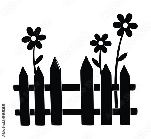 Vector showing a picket fence with three blooming flowers in front of a sturdy wooden structure