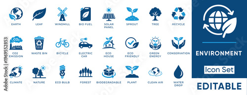 Environment icon set. Containing recycle, green energy, nature, climate, conservation, solar panel, eco friendly and more. Solid vector icons collection.