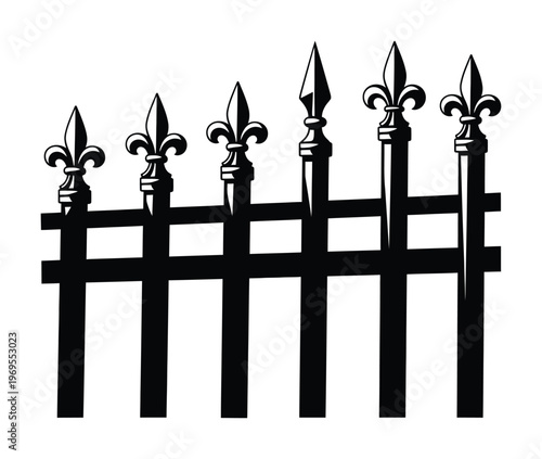 Vector of a wrought iron fence with ornate fleur-de-lis and spearhead designs on top.