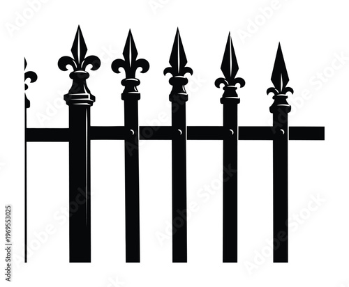 Vector of an ornate black fence with decorative fleur-de-lis and pointed metal spikes at the top