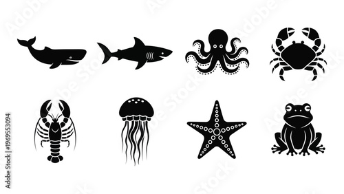 A collection of marine life and amphibious creatures depicted in stark black silhouettes showcasing diverse ocean inhabitants silhouette high quality professional