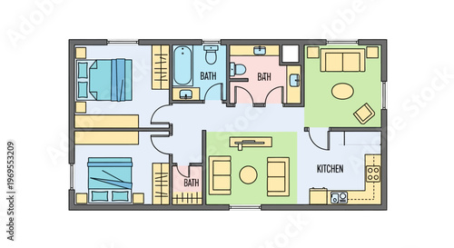 Colorful house floor plan design.