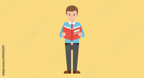 Full-length vector illustration of a young man standing and deeply engrossed in reading a book, symbolizing educational pursuit, intellectual growth, and personal development on a plain background