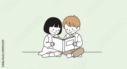 Two happy diverse children sitting together, sharing a storybook and learning. This charming illustration depicts childhood friendship and the joy of reading and education