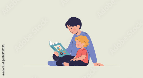 An endearing illustration of a caring parent reading a captivating storybook to a curious young child, highlighting the importance of literacy and family bonding time