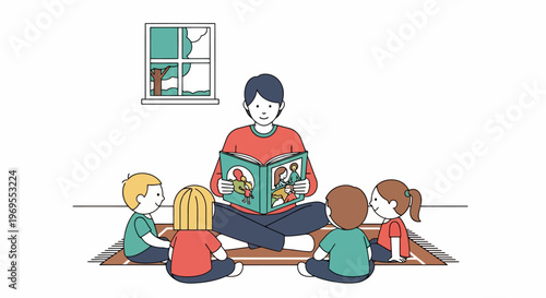 Adult reading an engaging storybook to a group of young, attentive children, fostering education and imagination in a cozy classroom or home setting, symbolizing early learning and social development