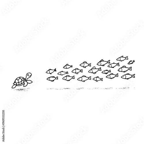Turtle swimming alone against a school of fish in ocean water symbolizing uniqueness and individuality in a natural aquatic environment with a minimalist illustration style