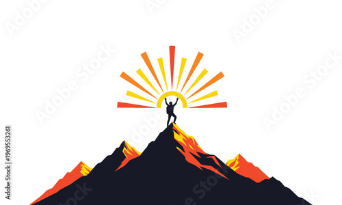 Hiker reaching summit at sunrise with sunburst.