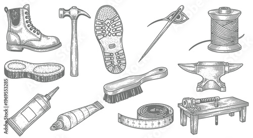 Traditional Shoemaking Tools and Cobbler Equipment Illustration