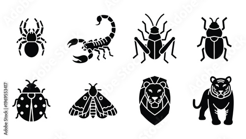 A collection of black insect and animal silhouettes including spiders scorpions beetles and big cats silhouette high quality professional detailed modern