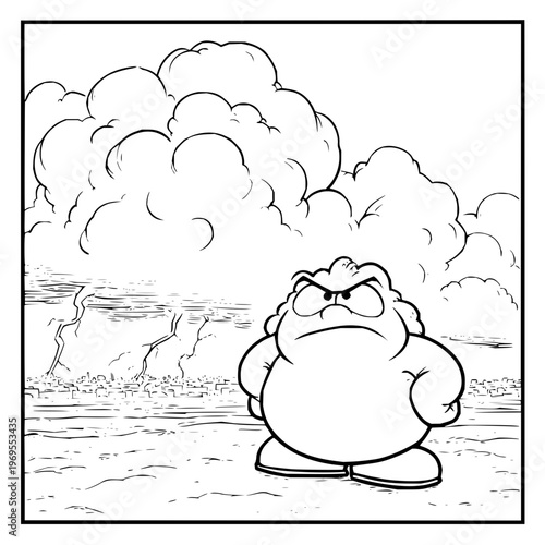 Cartoon angry obese man standing in stormy weather with dark clouds and lightning expressing frustration and anxiety in a dramatic landscape