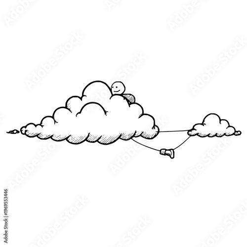 A smiling person flying on a cloud with a jetpack feeling free and adventurous in the sky