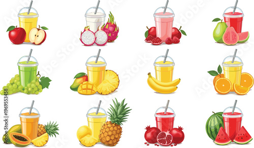 Fresh fruit juice collection with different flavors in plastic cups colorful healthy drinks vector illustration set isolated