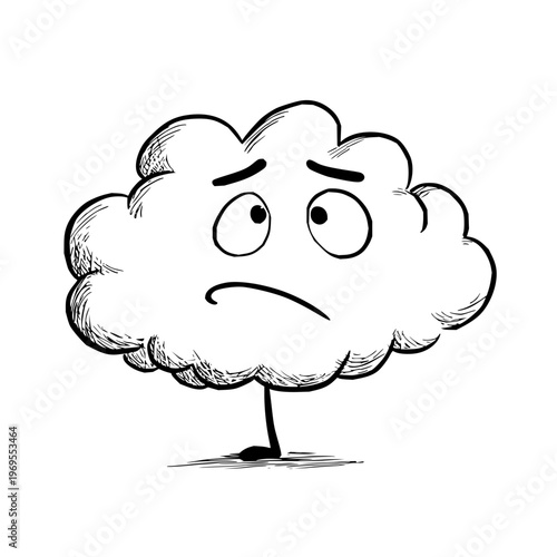 Sad fluffy cartoon cloud with frowning face and eyebrows on single leg expressing disappointment