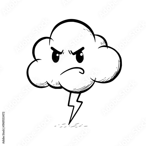 Angry cloud with lightning bolt and furious expression on white background symbolizing bad weather and stormy mood