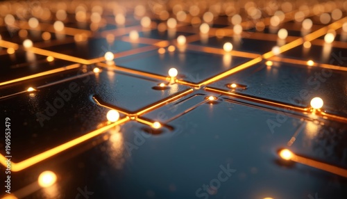 Abstract circuit board design with glowing orange lines and illuminated nodes. Futuristic digital network pattern with depth and perspective, representing data flow and connections.