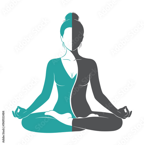 Vector of a woman meditating in a cross-legged yoga pose showing dual personality