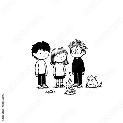 Three children and a cat standing around a small campfire in a simple cartoon style with a white background