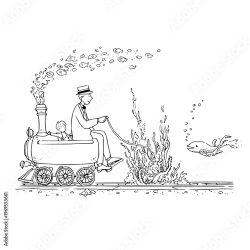 Vintage steam train with man and child releasing seaweed into ocean with swimming whale