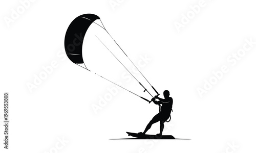 Kitesurfing silhouette with rider jumping on water in extreme sports.