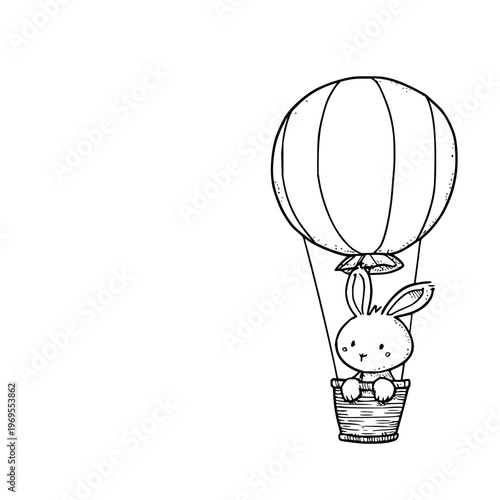 Cute cartoon rabbit in hot air balloon basket floating high joyful and carefree simple line drawing