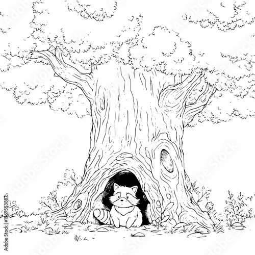 Whimsical illustration of a girl and cat in a tree hollow surrounded by foliage and natural elements serene scene