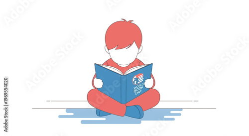 A young boy sitting cross-legged and engrossed in reading an open book, symbolizing education and imagination
