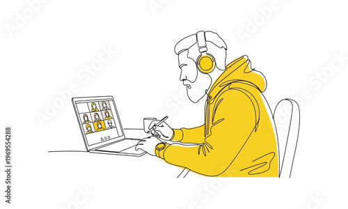 Man wearing headphones on video conference call laptop line art style.