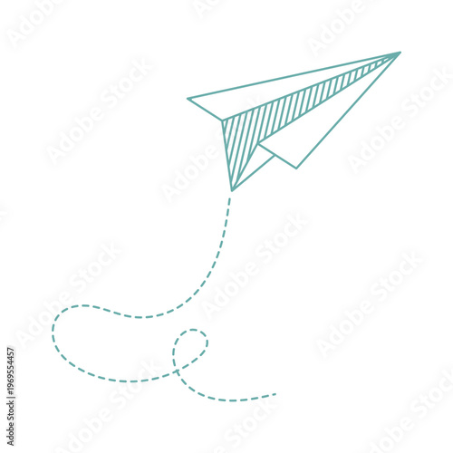 A teal paper airplane illustration with a dashed line trailing behind it, symbolizing creativity and movement