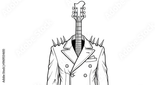 Abstract illustration of a person with a guitar head and spiked jacket