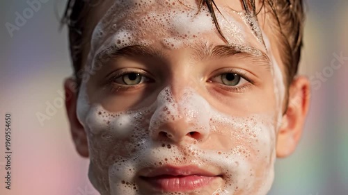 Young person face covered in cleansing foam with eyes closed during skincare routine