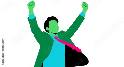 Victorious Remote Worker Celebrating, Bright Flat Illustration