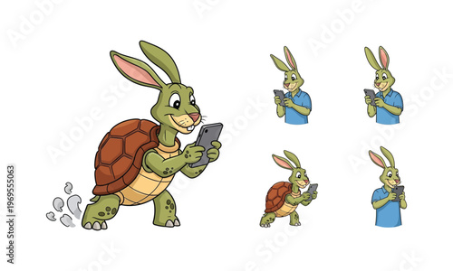 Rabbit with a turtle shell walking and using a smartphone character set.