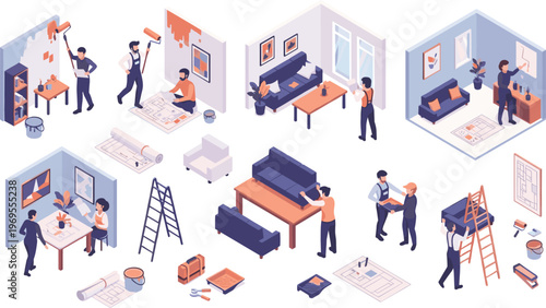 Isometric Illustration of Home Renovation and Interior Design Tasks, Including Painting, Furniture Assembly, and Blueprint Work