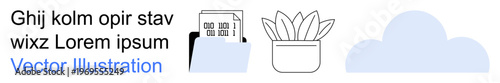 Data storage, organization, remote work, cloud computing, home office, digital files. A folder with documents, a potted plant and a cloud icon. Data storage and organization concept
