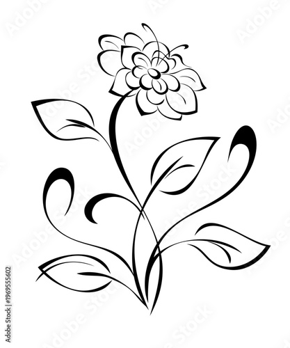 stylized blossoming flower on a curved stem with leaves and curls; graphic design