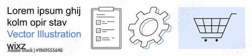 Business strategy, e-commerce solutions, workflow management, online shopping, operational settings, task planning. A checklist, gear and shopping cart icon. Workflow management and e-commerce
