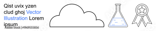 Cloud technology, scientific research, achievement, innovation, and education. A cloud, laboratory flask, and award medal outline icons. Cloud technology and scientific research concept