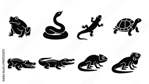 A collection of black silhouettes depicting various reptiles and amphibians including frogs snakes and crocodiles silhouette high quality professional detailed modern