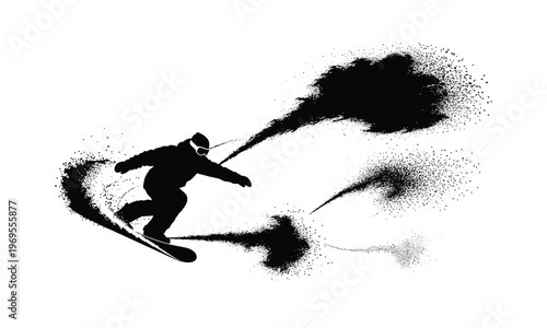 Snowboarder silhouette performing trick with black powder explosion.