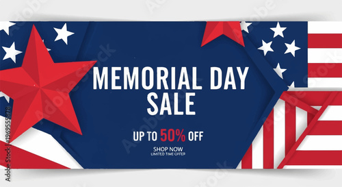 Memorial Day sale banner, patriotic discount sign, American flag background, promotional offer template